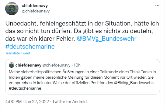 Вице-адмирал ВМС Германии отказался от своих слов о Крыме после жалобы из МИД Украины.